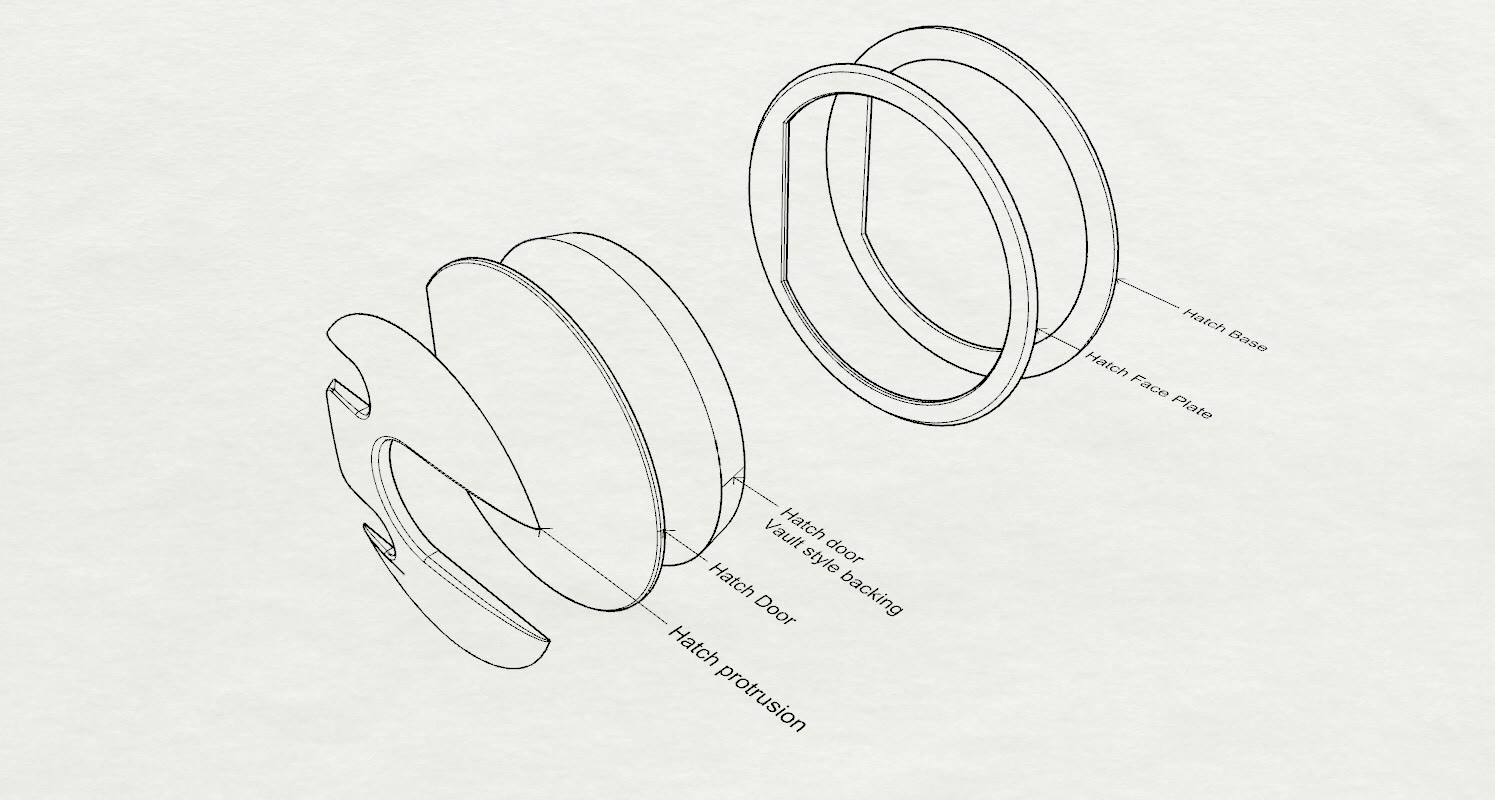 Exploded axonometric line drawing of the hatch with five leader-labelled parts: hatch base, hatch face plate, hatch door, hatch door vault-style backing, and hatch protrusion.
