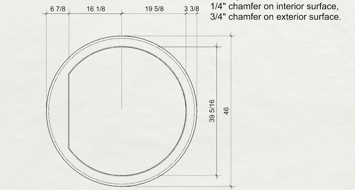 Dimensioned shop drawing of the hatch face plate: 46 inches overall diameter, 39 and 5/16 inches inner, with a note reading one-quarter inch chamfer on interior surface, three-quarter inch chamfer on exterior surface.