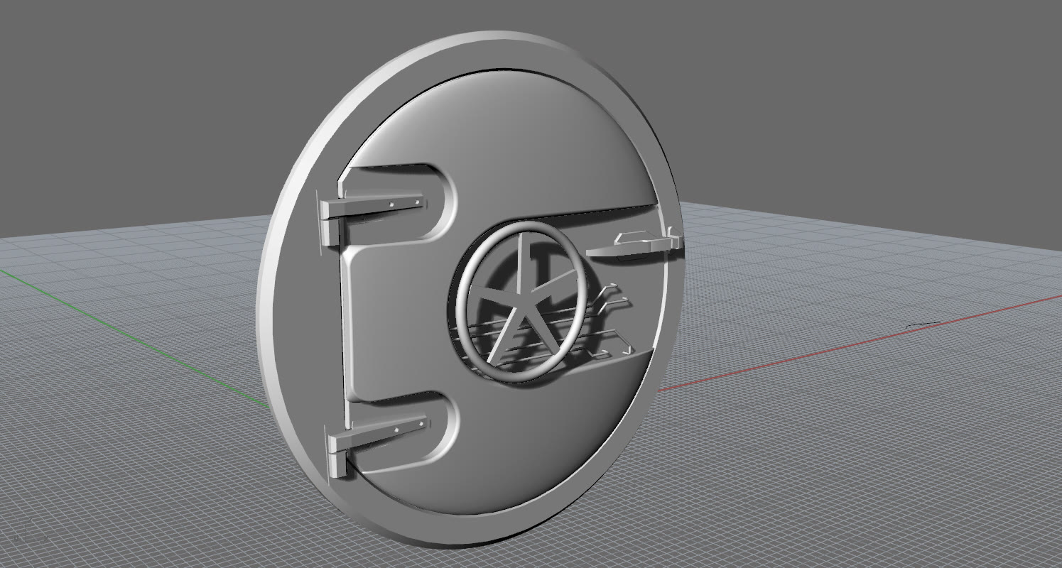Rhino render of the hatch in grey clay on the viewport grid: a circular vault door with a spoked wheel, a C-shaped raised protrusion and strap hinges.
