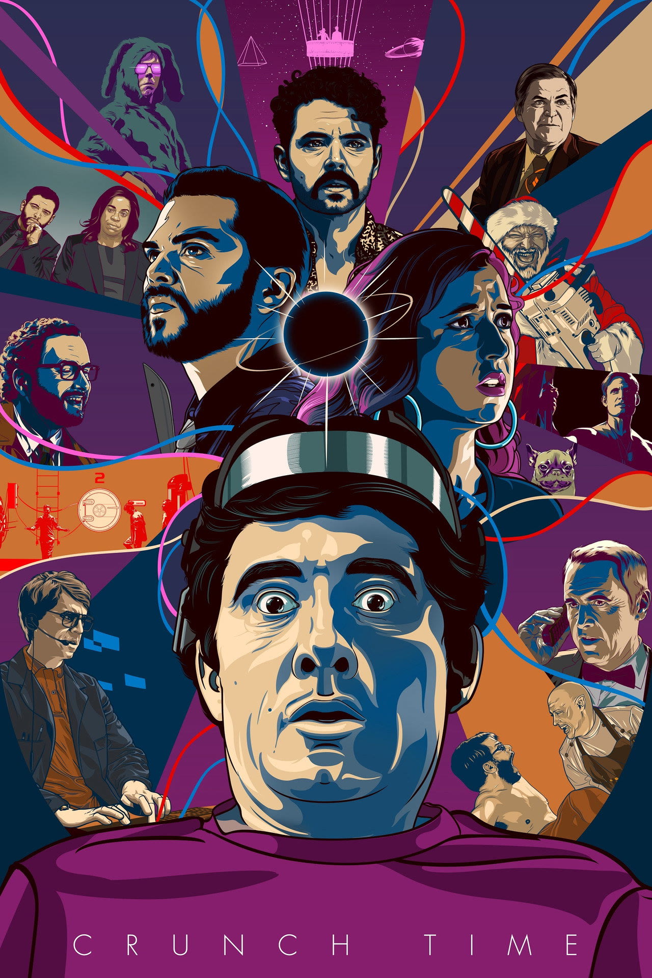 The Crunch Time key art: an illustrated montage of the cast arranged around a black hole, with a wide-eyed figure wearing the brain-interface headset at the centre.