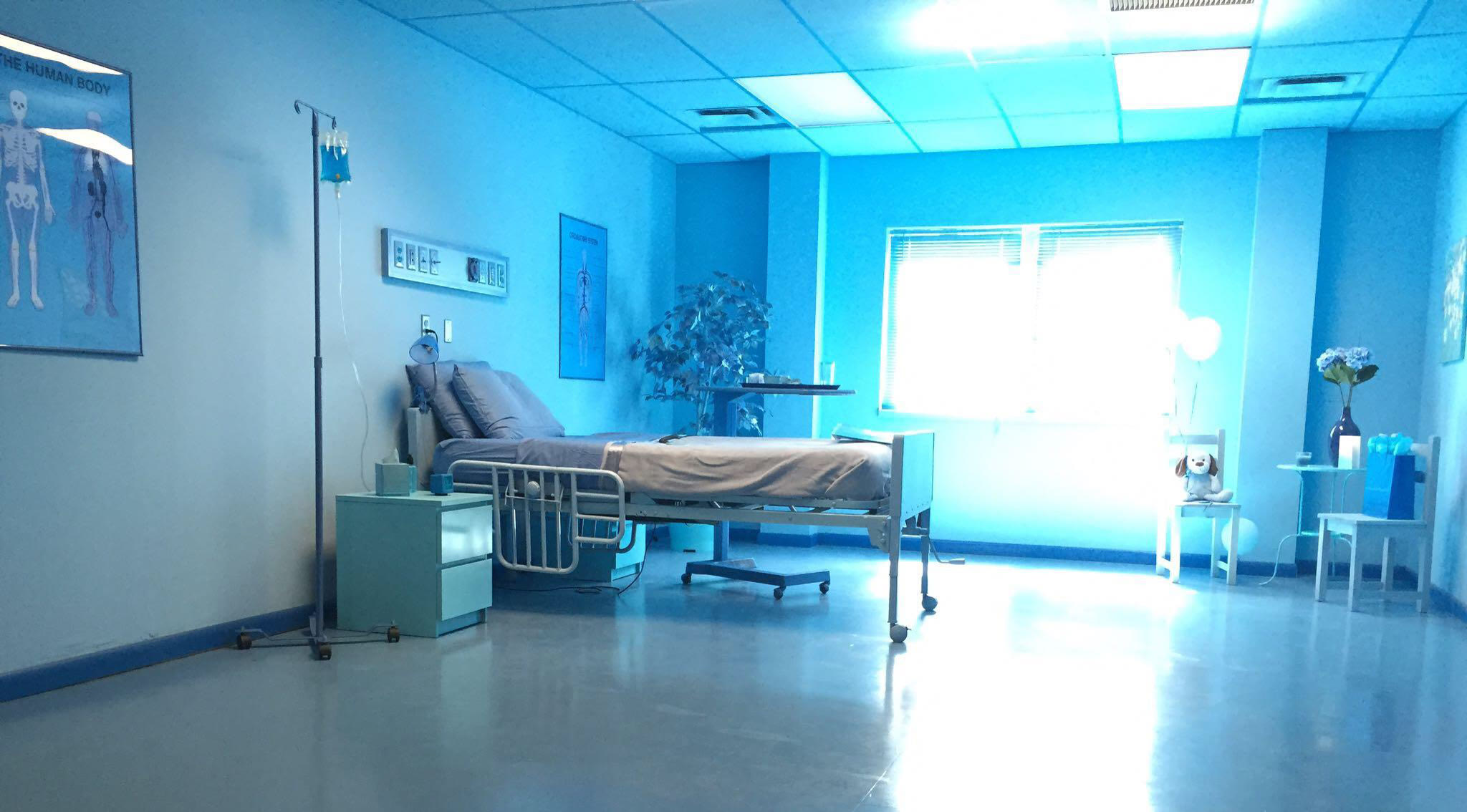 The flex space built as an all-blue hospital room: hand-painted drop ceiling and grid, blue IV bag, blue-tinted anatomy posters, a blue ficus with every leaf painted, a stuffed dog and gift bags.