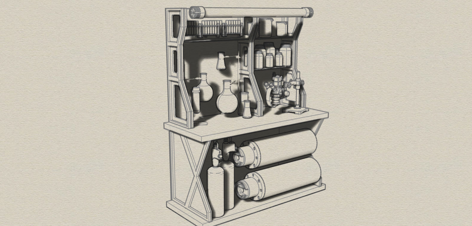 A shaded Rhino model export of the lab unit: an X-braced bench, horizontal tanks and gas bottles below, and a shelf tower of modeled jars, flasks, and test-tube racks under a tube light.