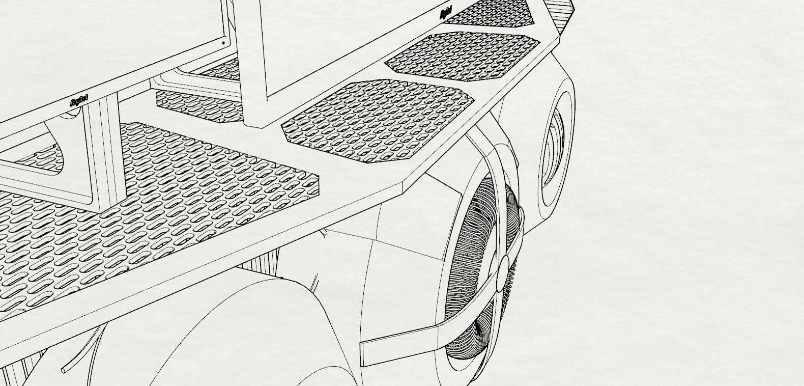A close Rhino model export showing the backdrop's perforated deck plates modeled hole by hole, with a wound-coil fan core and strapped reactor drums.