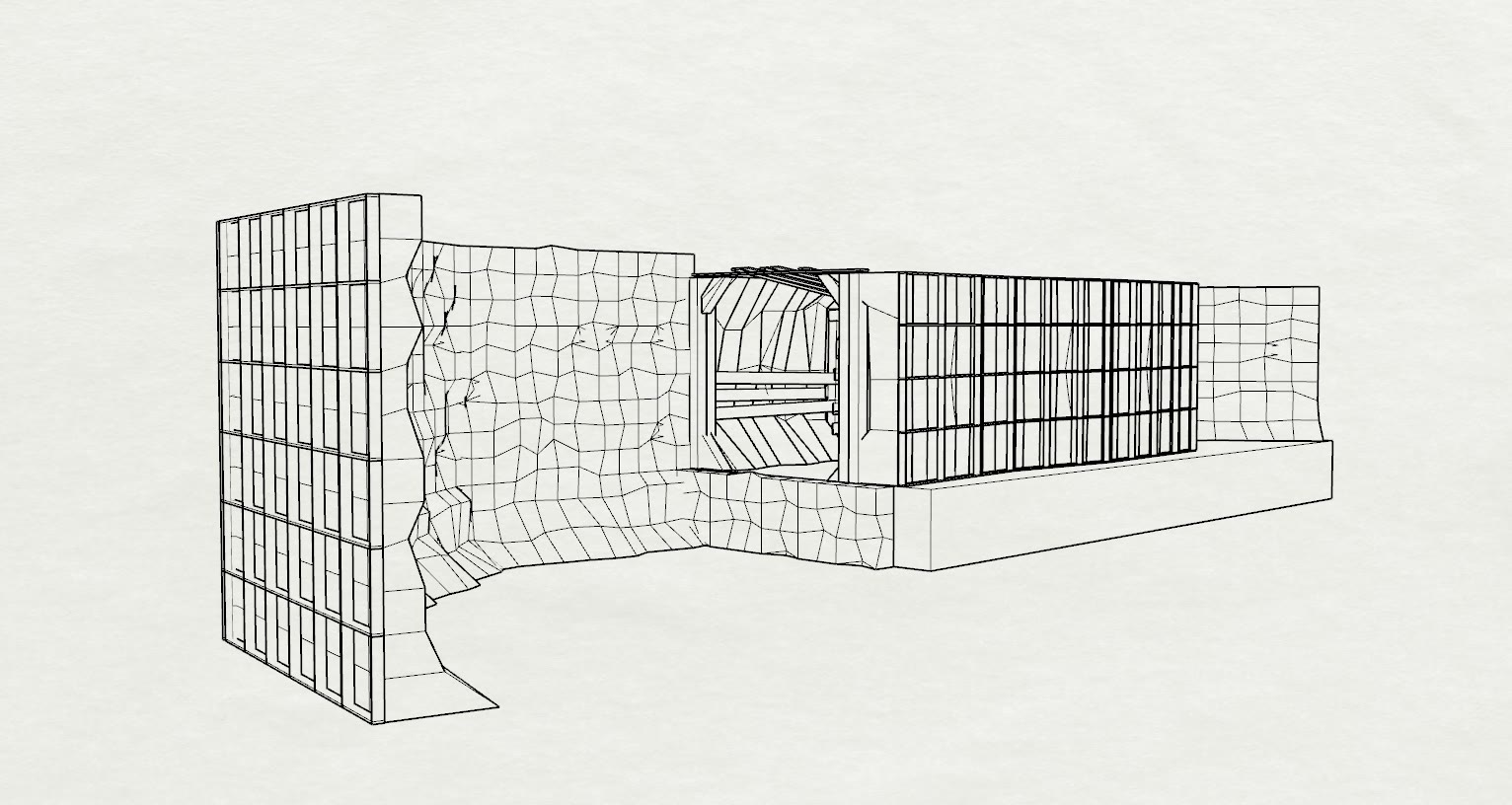 Hidden-line drawing looking down the tunnel axis: the timber framing and the carved-rock surfaces are shown together in a single view, construction and finished skin at once.