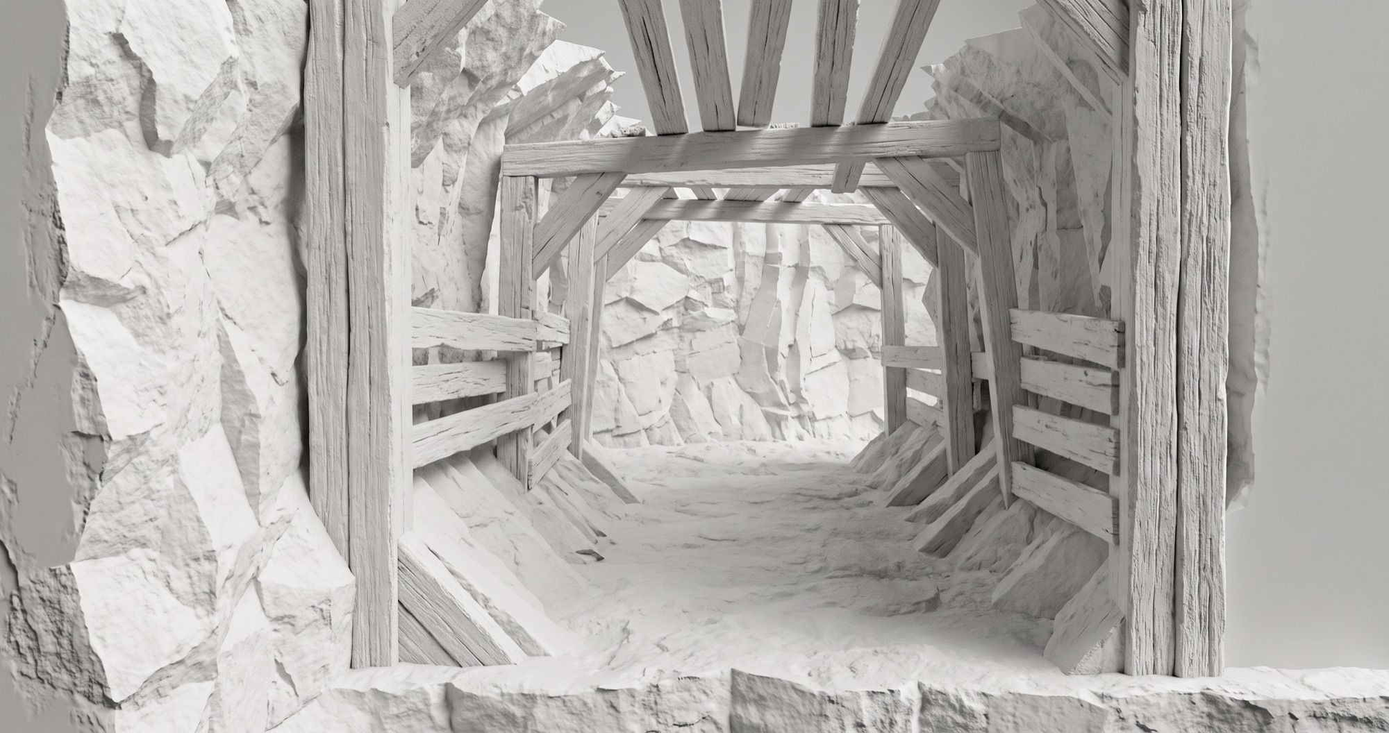 Untextured clay render at camera height inside the tunnel model: timber bents and caps receding down the shaft, fissured rock walls closing in on both sides, board cribbing along the lower walls and a rubbled floor running out to the rock face at the end.