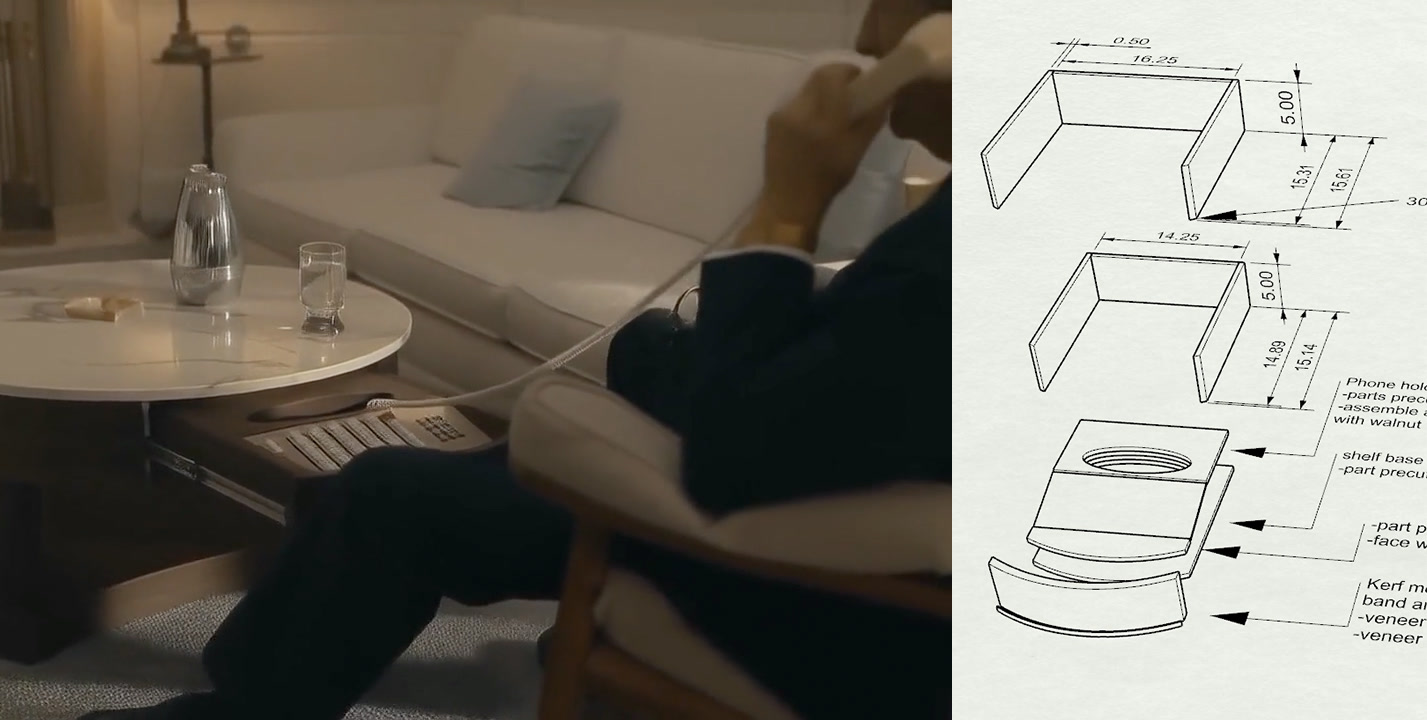 Side by side: a frame from the series with the coffee table's drawer slid open and the president on its hidden telephone, and the exploded shop drawing of the phone-holder assembly inside the drum base.