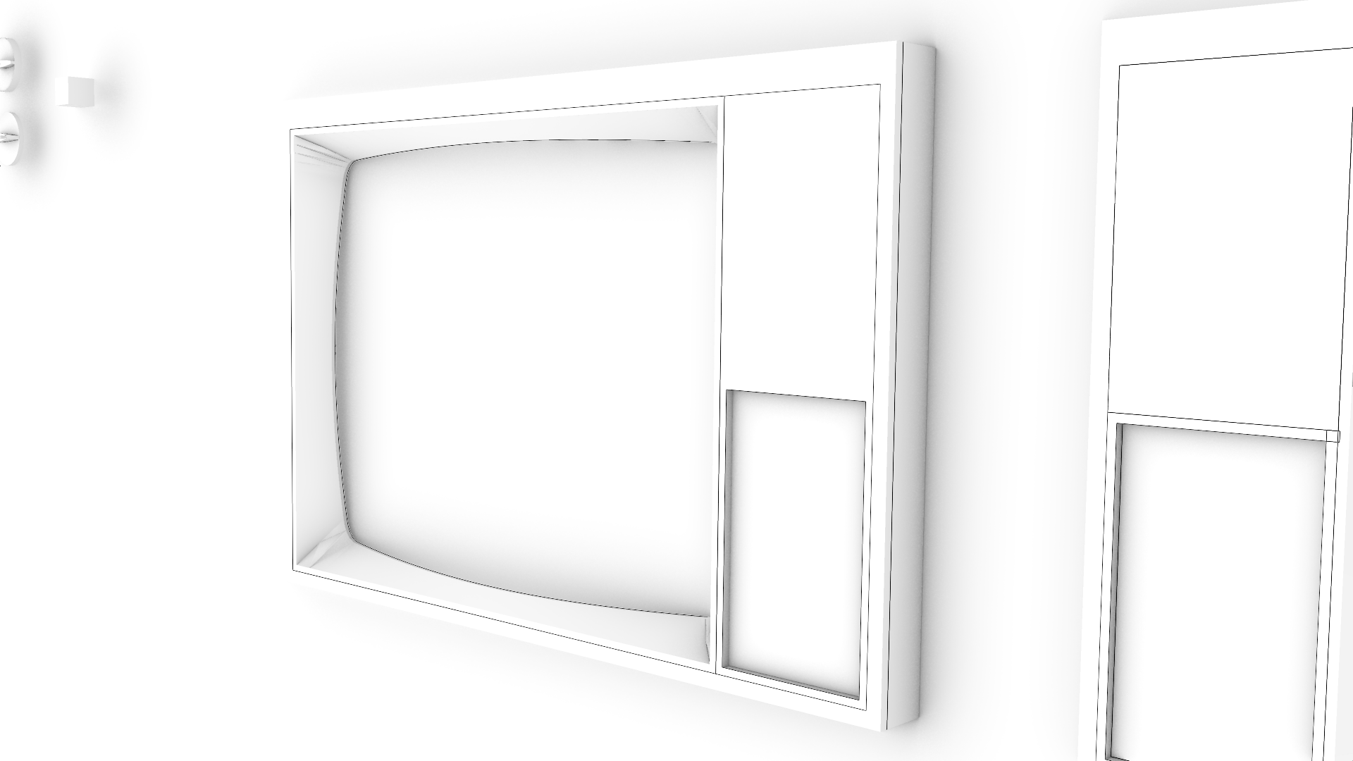 A white 3D-model render of the period television: a curved-screen bezel with a side control panel and two round knobs, beside a second, narrower bezel variant.