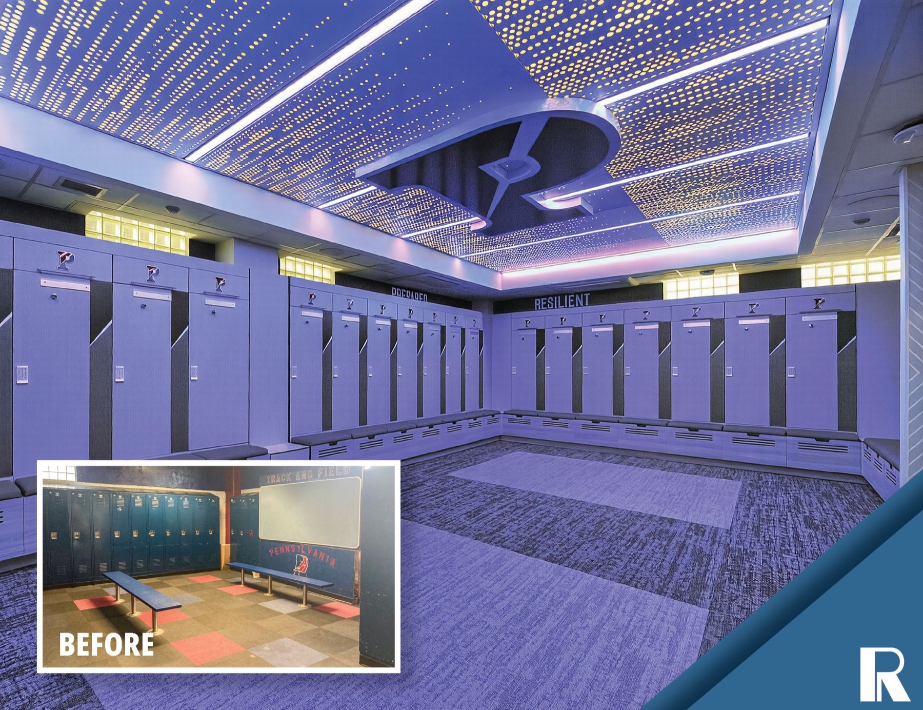 The finished locker room in blue-purple light, the split P overhead in a field of perforated light, lockers around the walls; inset at the lower left, labeled BEFORE, the previous room: blue metal lockers, folding benches, red and gray floor tiles.