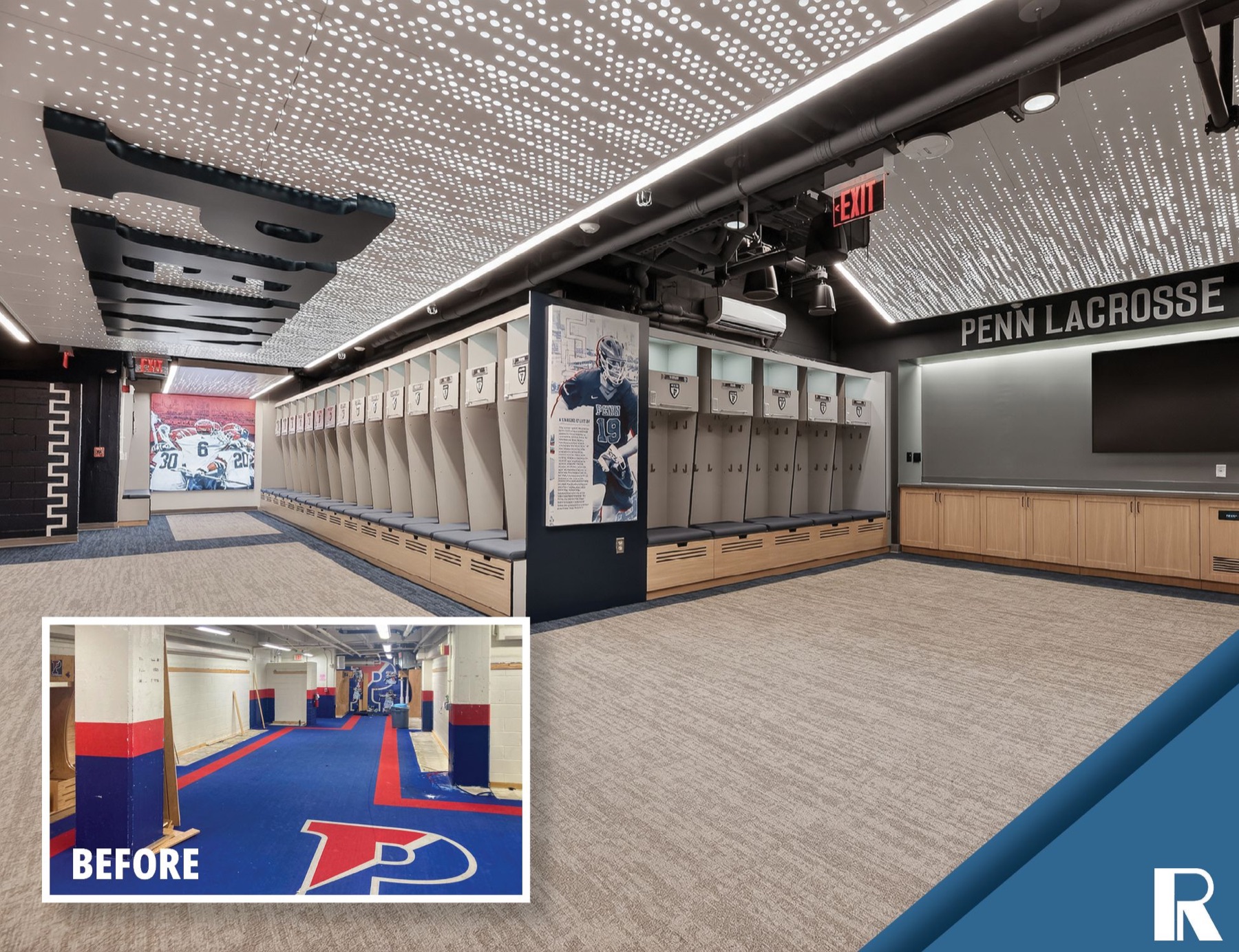 The wood-locker room finished under the perforated luminous ceiling, the PENN LACROSSE sign over cabinets and a monitor; inset at the lower left, labeled BEFORE, the previous room: columns wrapped in purple and red bands over a blue and red carpet with a large P.